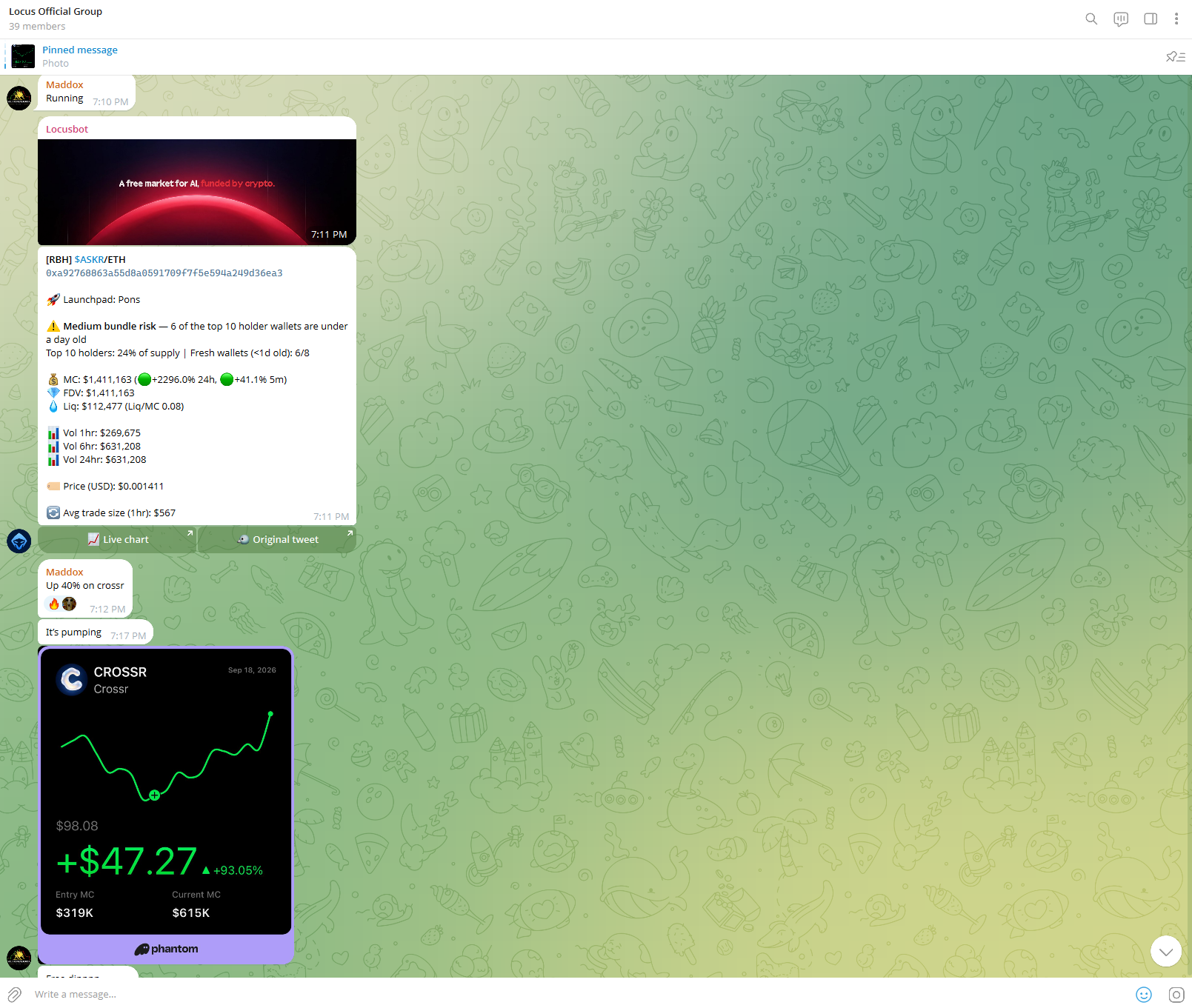 Members chatting about a call together with a live position card showing real gains