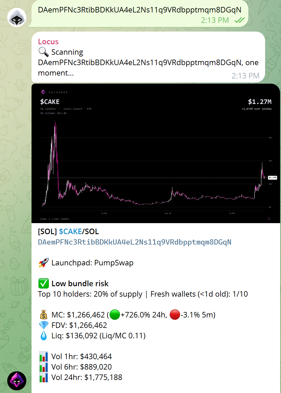 A member pasting a contract address and Locus replying with a full scan of the token